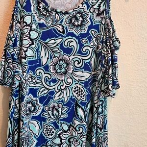 Westport long coldshoulder blue tunic 1X plus size,Floral Romantic Resort Vacay